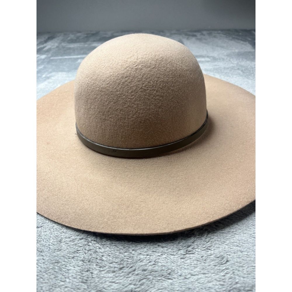 Tan Wool Blend Wide Brim Floppy Hat with Brown Faux Leather Band Fedora Style